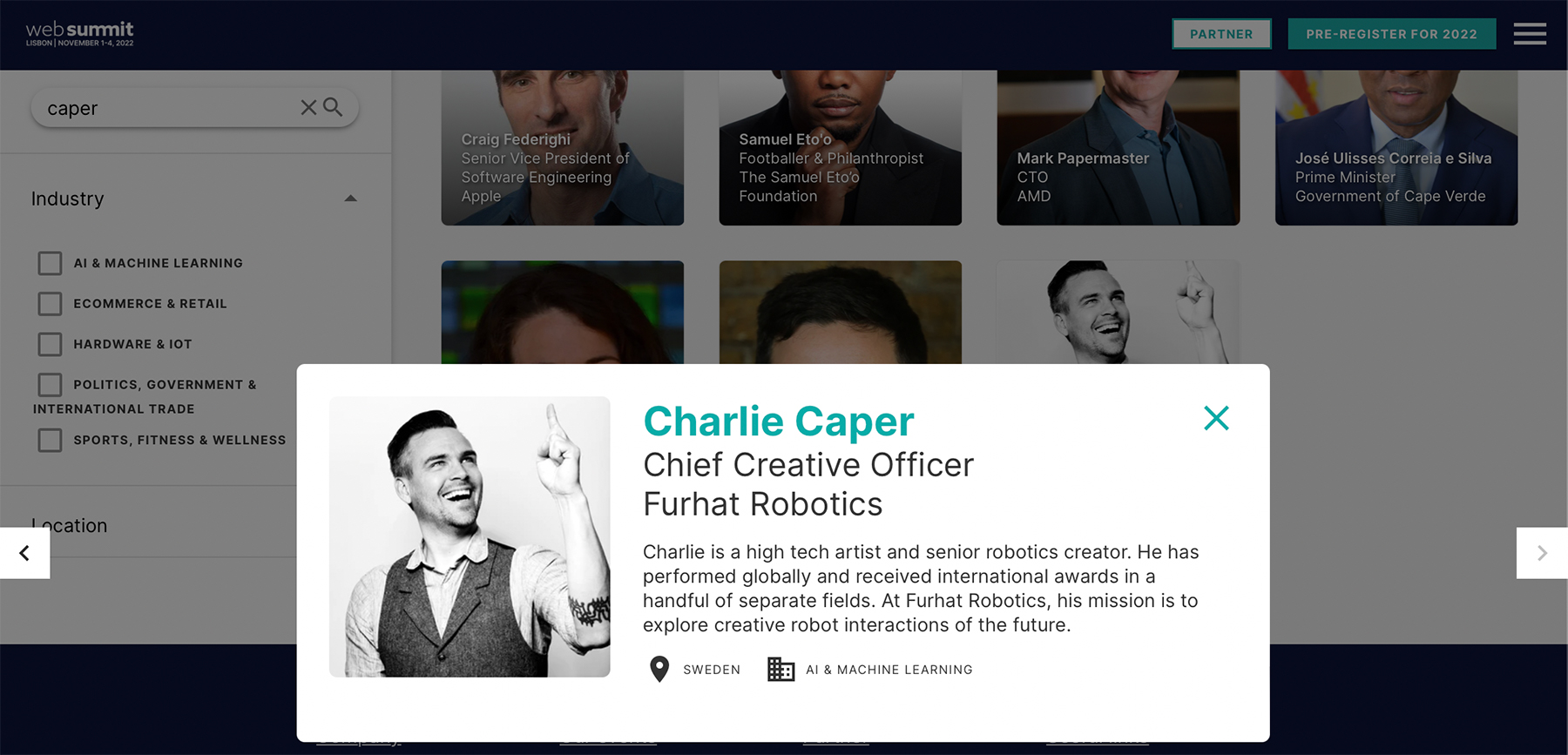 Charlie Caper speaking on stage at Web Summit in Lisbon